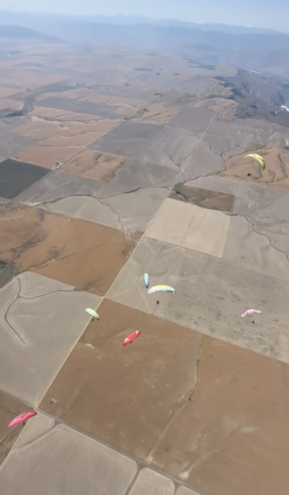 Aerial view of seven paragliders flying above patchwork farmland.